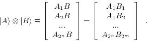 \begin{displaymath}
\vert A\rangle \otimes \vert B\rangle \equiv
\left[ \begin...
... A_1 B_2 \ ... \ A_{2^n} B_{2^m}
\end{array} \right] \; . \end{displaymath}